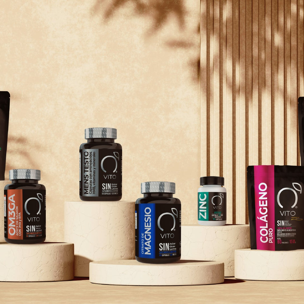 Línea de productos VITO, citrato de magnesio, creatina, colágeno, vitamina d, omega 3, zinc, menstesto. 