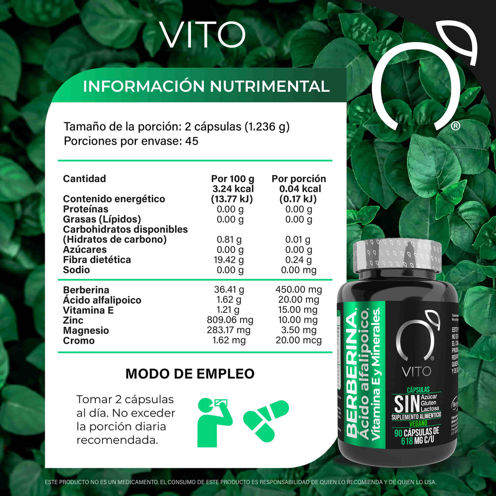 
                      
                        Berberina con Ácido Alfa Lipoico y Vitamina E, para le control de Glucosa y Energía. Tabla nutrimental. 
                      
                    