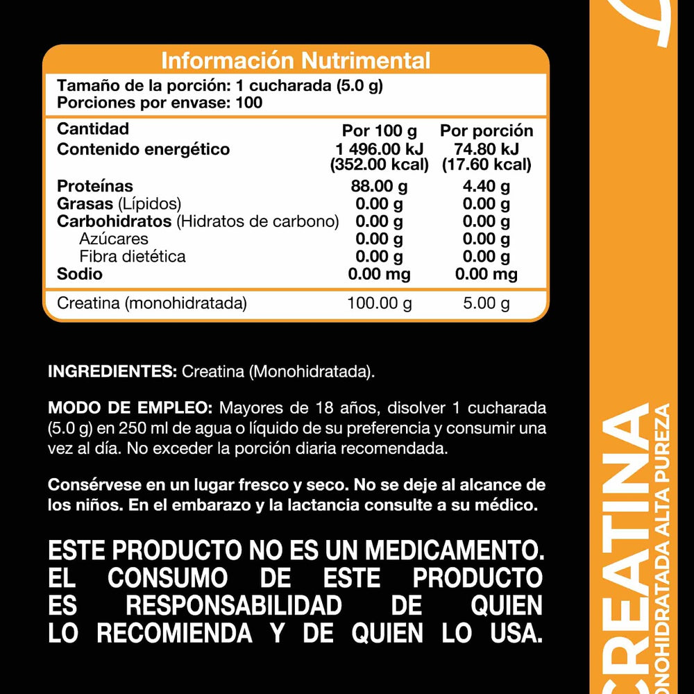 
                      
                        Creatina 100 porciones. Tabla nutrimental creatina alta pureza. 
                      
                    