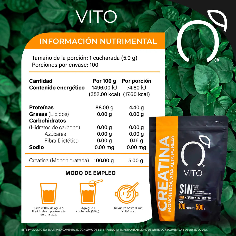 Imagen de producto Creatina de alta pureza VITO con tabla nutrimental. Creatina, suplemento para deportistas, suplemento para crecimiento muscular, personas activas, creatina para rutina deportiva.