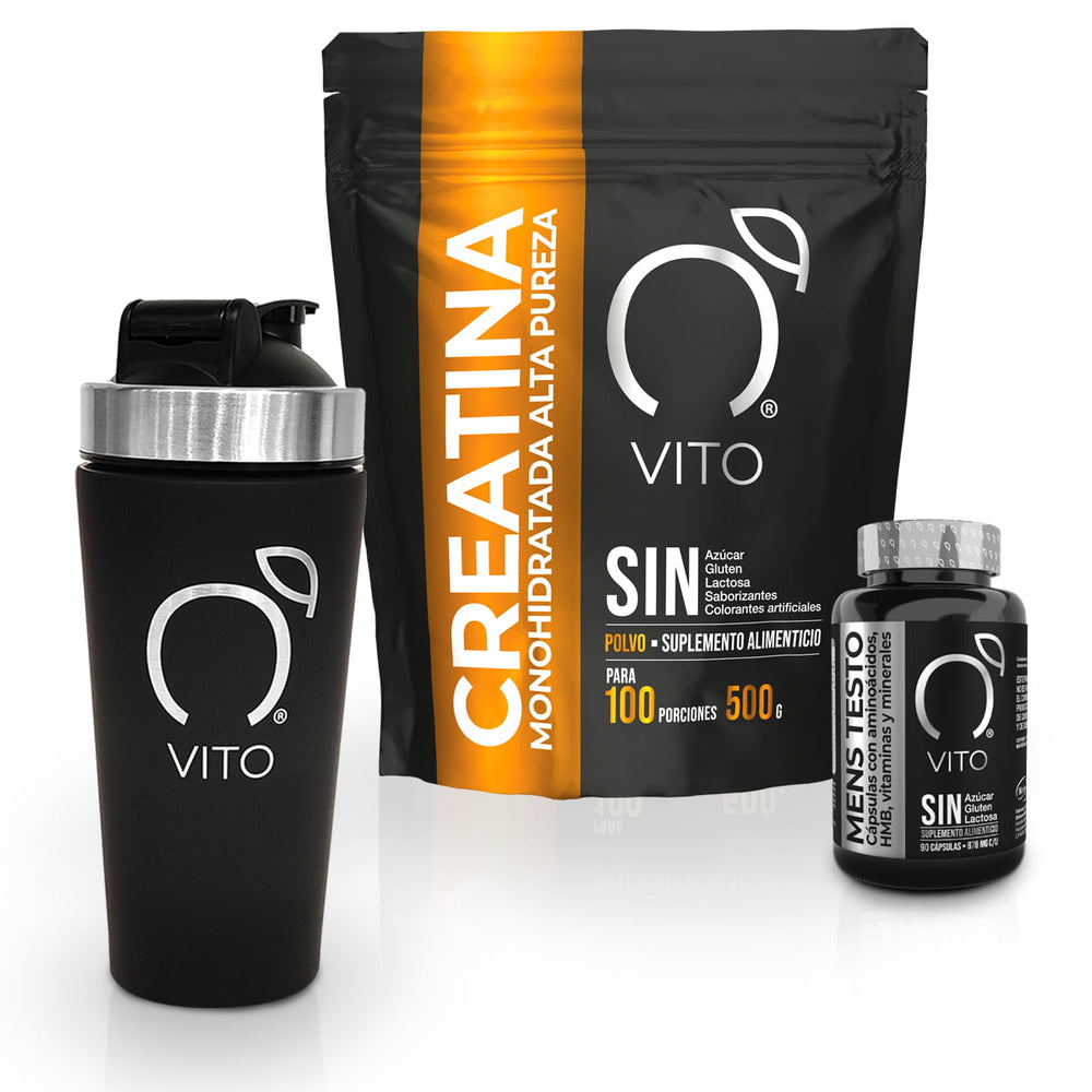 
                      
                        Kit con suplementos precursores de la testosterona y creatina para el desarrollo muscular. 
                      
                    