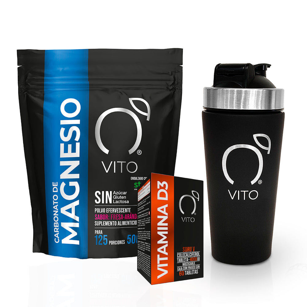 Kit de Magnesio, Vitamina D3 y shaker metalico inoxidable VITO 