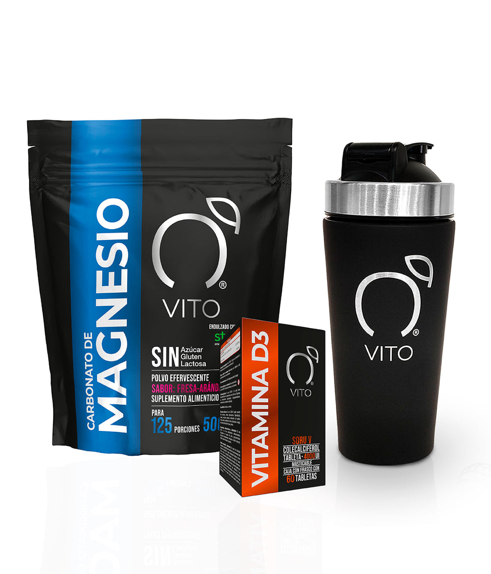 Kit de Magnesio, Vitamina D3 y shaker metalico inoxidable VITO 