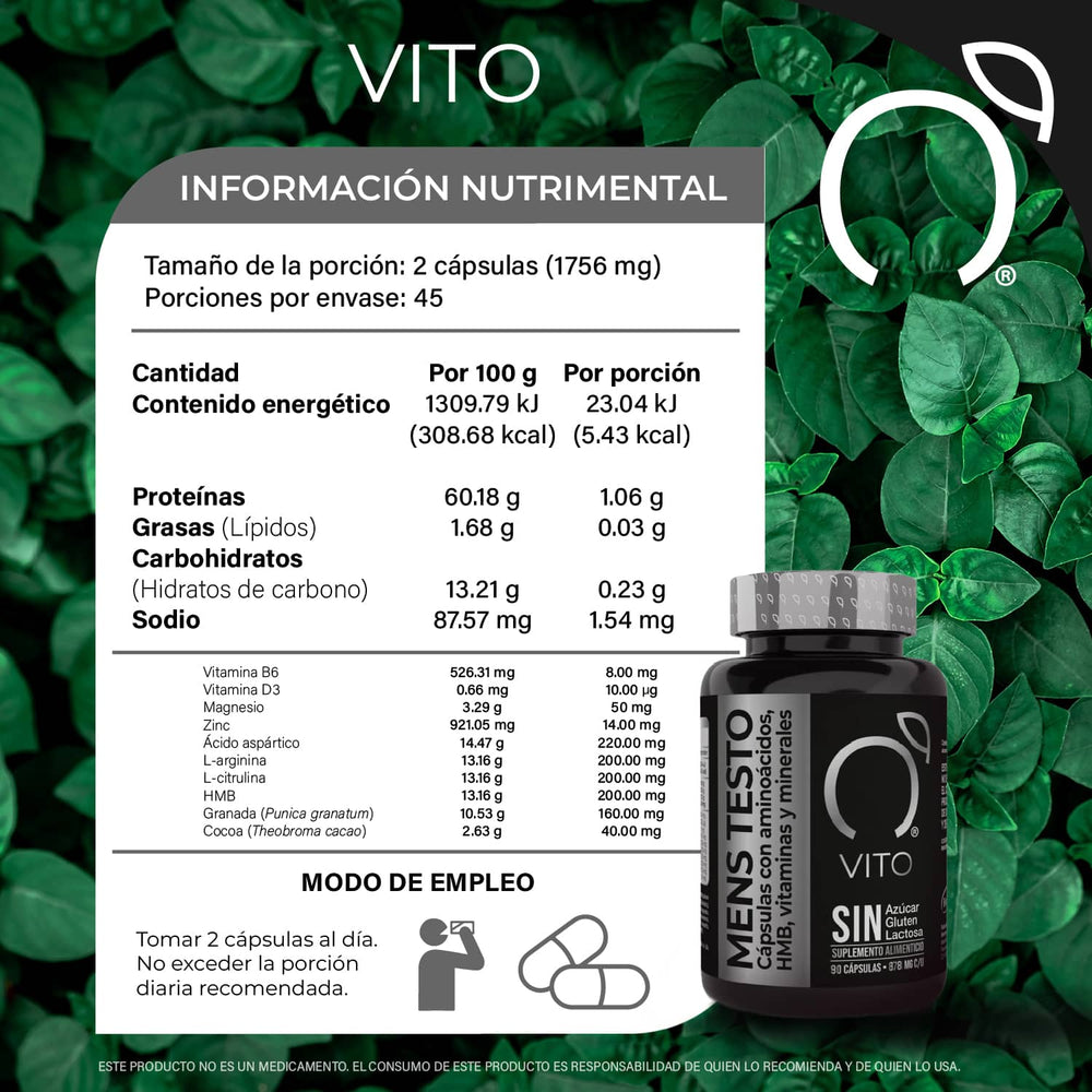 MENS-TESTO- frasco de suplemento alimenticio. Vitaminas para hombre. Aminoácidos, HMB, vitaminas y minerales. C/90 Cápsulas.