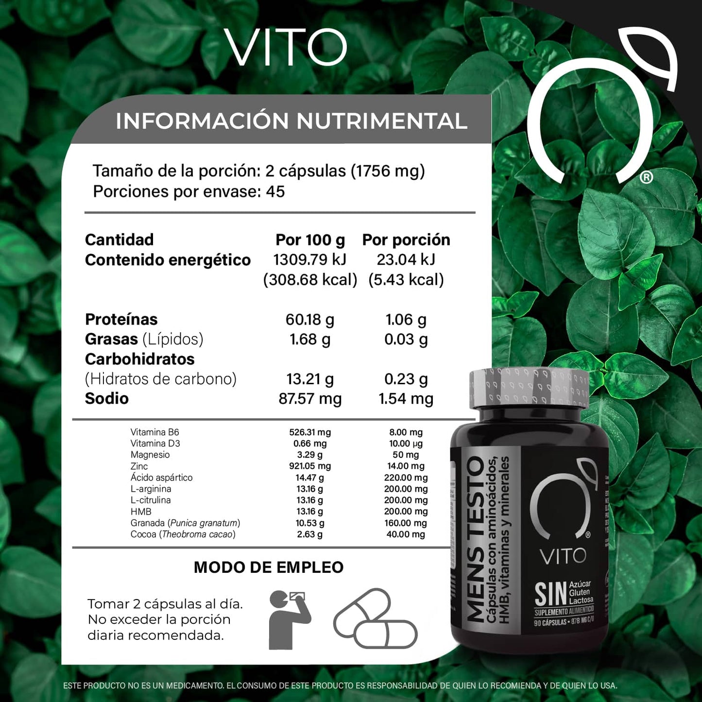 MENS-TESTO- frasco de suplemento alimenticio. Vitaminas para hombre. Aminoácidos, HMB, vitaminas y minerales. C/90 Cápsulas.