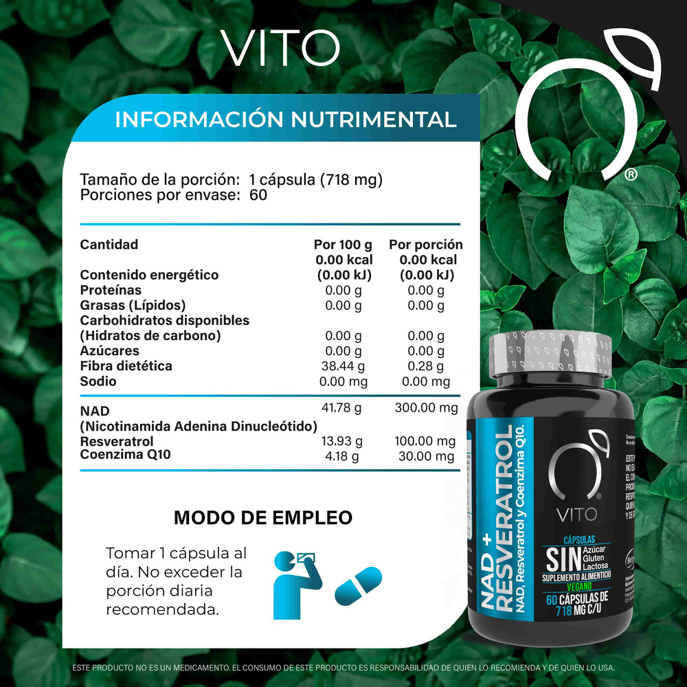 
                      
                        Fórmula con NAD 300mg +, resveratrol 100mg y CoQ10 30mg para más energía, vitalidad y protección celular. Suplemento antiedad que apoya corazón y metabolismo. Tabla nutrimental
                      
                    