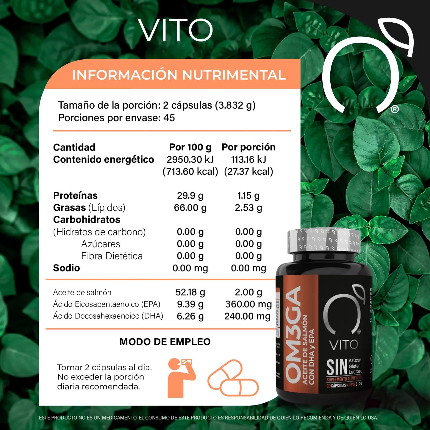 Frasco de Omega 3 de VITO con tabla nutrimental. Omega 3, omega de salmón, aceite de salmón, Ácido Eicosapentaenoico (EPA) y Docosahexaenoico (DHA), suplemento de omega 3, suplemento para la mente, suplemento para el corazón, omega de salmón.