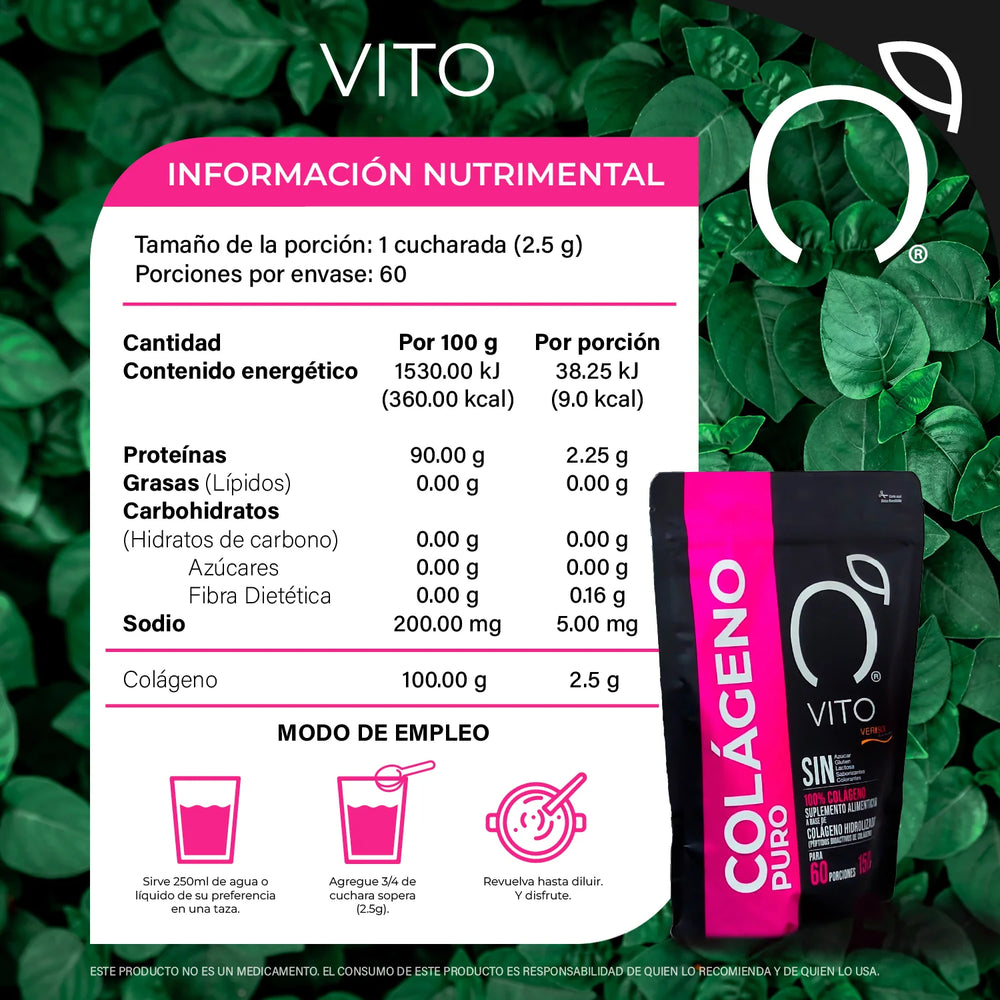 Imagen de producto Colágeno puro Verisol VITO con tabla nutrimental. colágeno puro, colágeno verisol, colágeno para piel, cuidado de la piel, cuidado del cabello, cuidado de las uñas, productos de belleza.