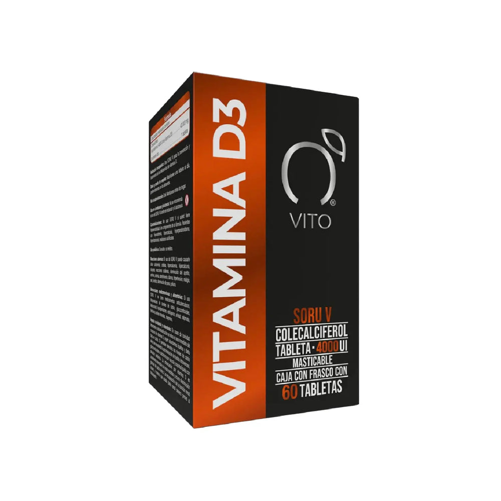 Soru V, frasco con 60 tabletas. Vitamina D, D3, Colecalciferol, Indicado para la deficiencia de Vitamina D.