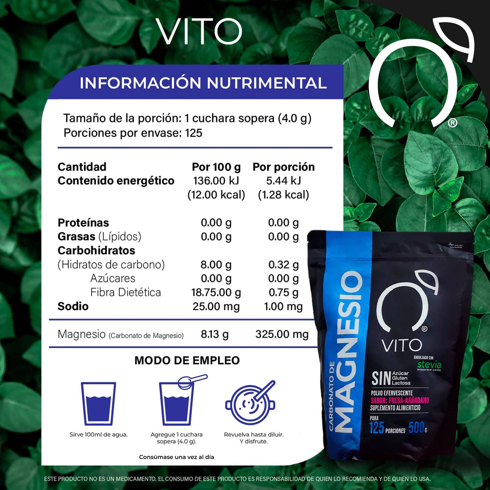 Imagen de producto Carbonato de magnesio VITO con tabla nutrimental. Doypack polvo efervescente magnesio, carbonato de magnesio, citrato de magnesio, suplemento para dormir mejor, suplemento para relajar los musculos, suplemento para reducir el estrés, calm magnesio, mejorar el sueño sabor fresa-arándano con 500g