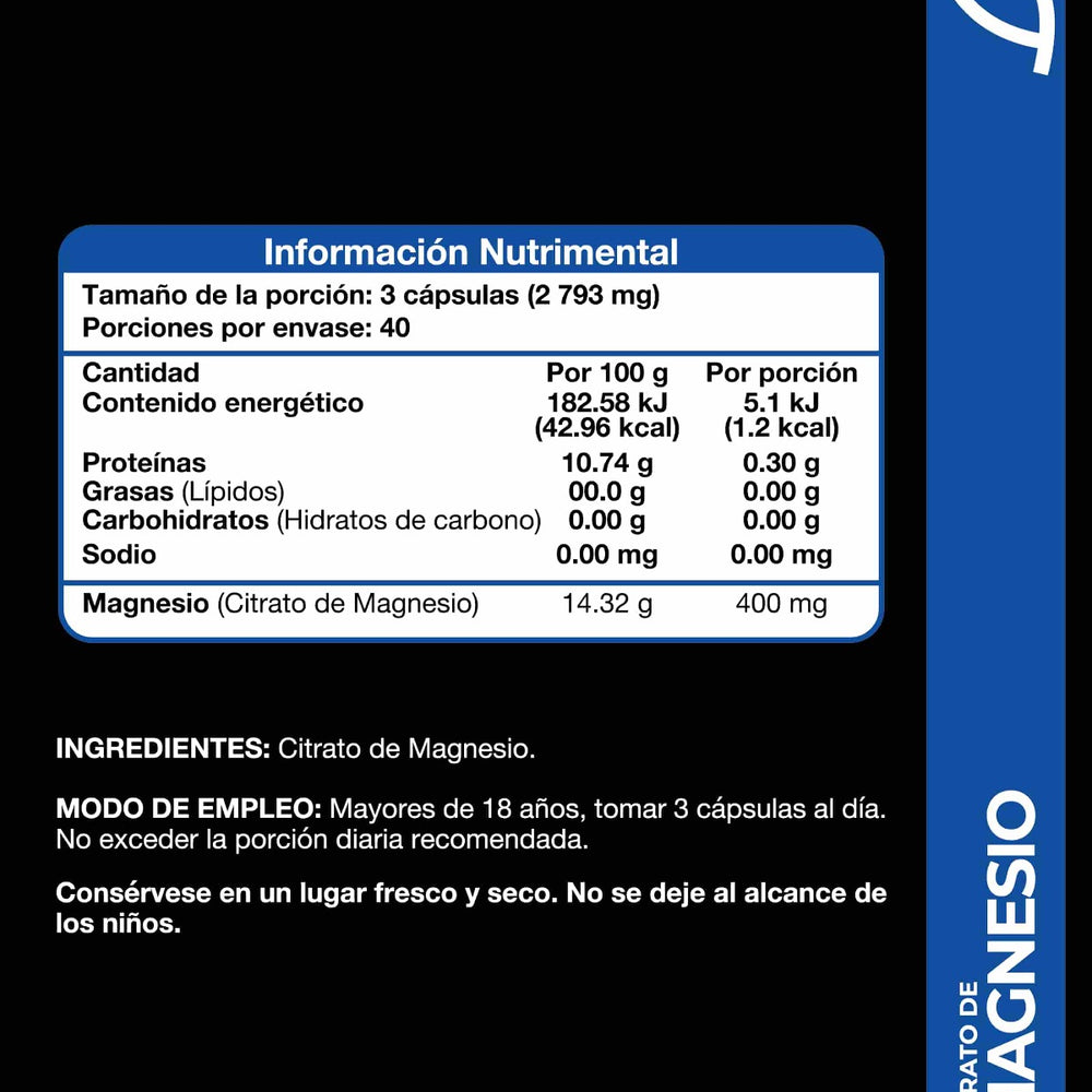 
                      
                        Magnesio 400mg. Tabla nutrimental suplemento de Citrato de magnesio
                      
                    