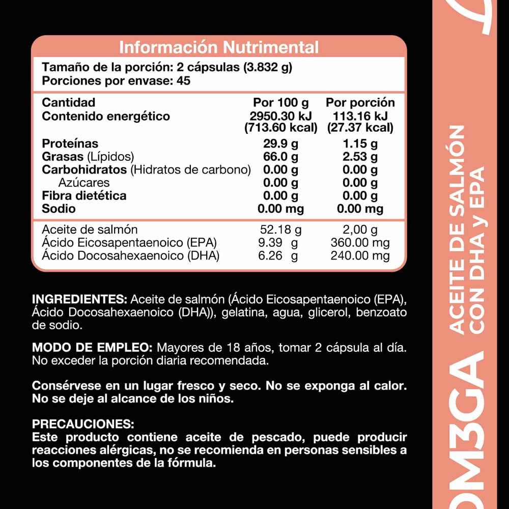 
                      
                        Frasco de Omega 3 de VITO con tabla nutrimental. Omega 3, omega de salmón, aceite de salmón, Ácido Eicosapentaenoico (EPA) y Docosahexaenoico (DHA), suplemento de omega 3, suplemento para la mente, suplemento para el corazón, omega de salmón.
                      
                    