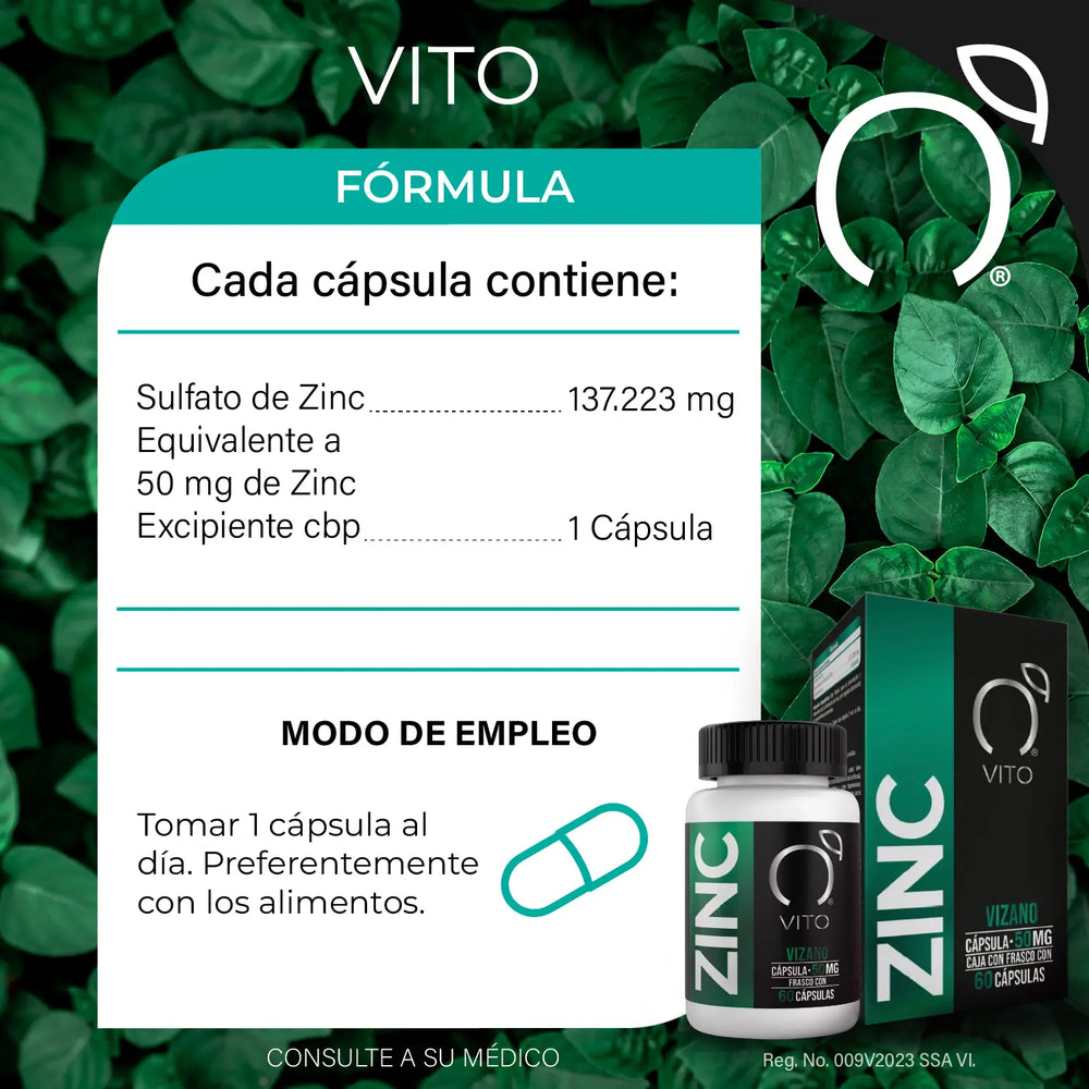 Zinc de VITO Vizano. Cápsulas de zing con 50mg c/u.